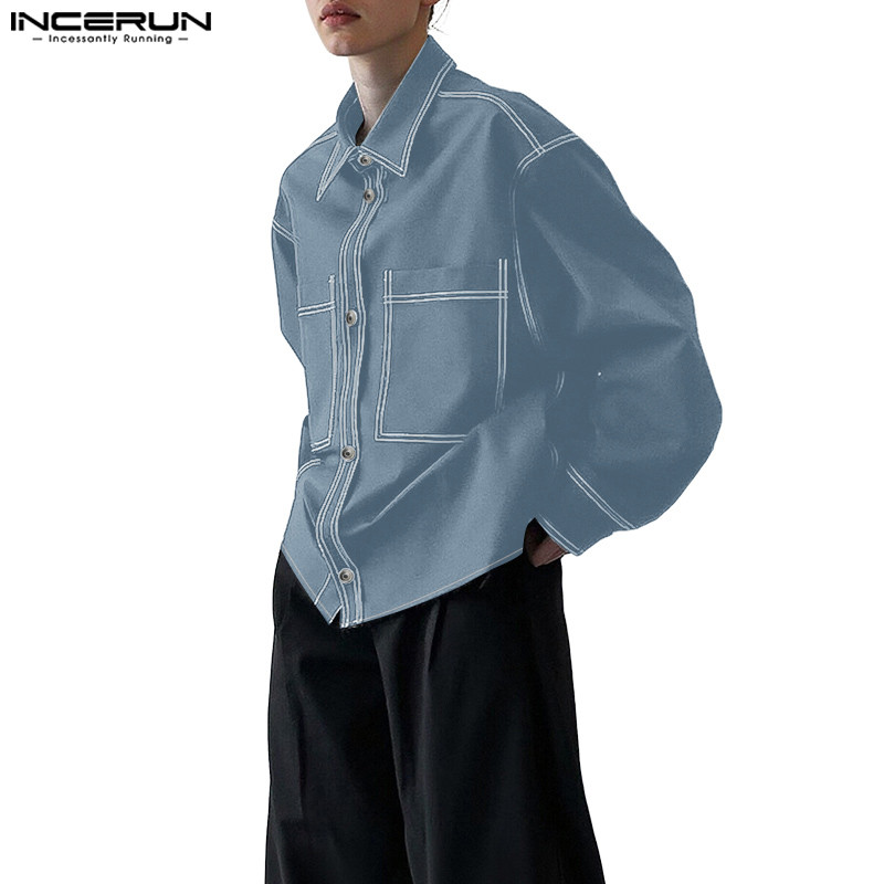 INCERUN เสื้อแขนยาวสำหรับผู้ชาย สไตล์เกาหลีและฮ่องกง ดีไซน์เฉียบคมพร้อมเส้นปุ่มบนตัวเสื้อ