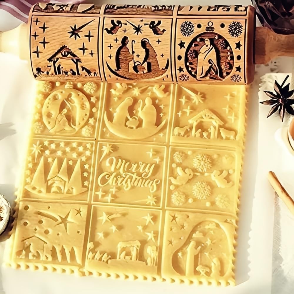 ไม้คริสต์มาส Rolling Pin สําหรับเบเกอรี่แกะสลักลายนูน Rolling Pin คุกกี้แสตมป์ Roller Square Grid คุ