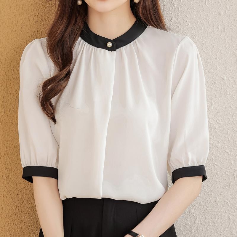 ohho เสื้อเชิ้ตแขนสั้น ทรงหลวม สไตล์เกาหลี กระดุมปกข้าง ทรงเข้ารูป พร้อมสต็อก#w665