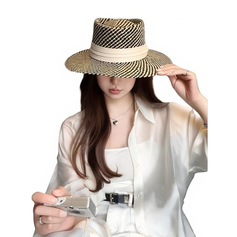 Striped Webbing เว้าหมวกฟางประณีตแจ๊สหมวก Travel Sunshade ครีมกันแดดหมวกชายหาด Hollow Breathable หมวก