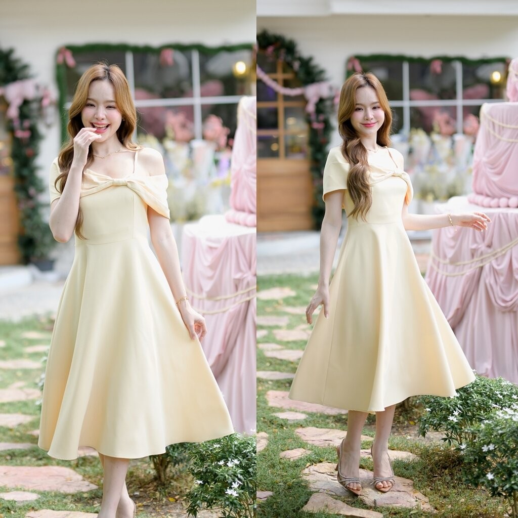 Charming Off-Shoulder Midi Dress : สีครีมเหลือง [Made by Pastel Time]