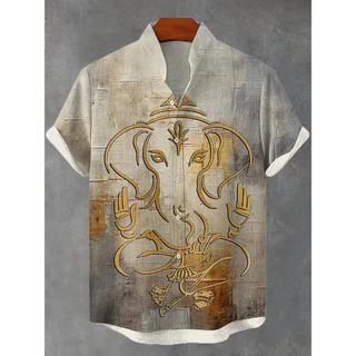 เสื้อแขนสั้นผ้าลินินสำหรับผู้ชาย ออกแบบใหม่ในสไตล์แอฟริกันทริบัล พร้อมลวดลายโทเท็ม เหมาะสำหรับคนชอบแฟชั่นเรโทร