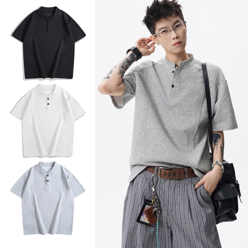 เสื้อยืดแขนสั้นผู้ชาย SUIKONE แบบ Henley สไตล์ญี่ปุ่น