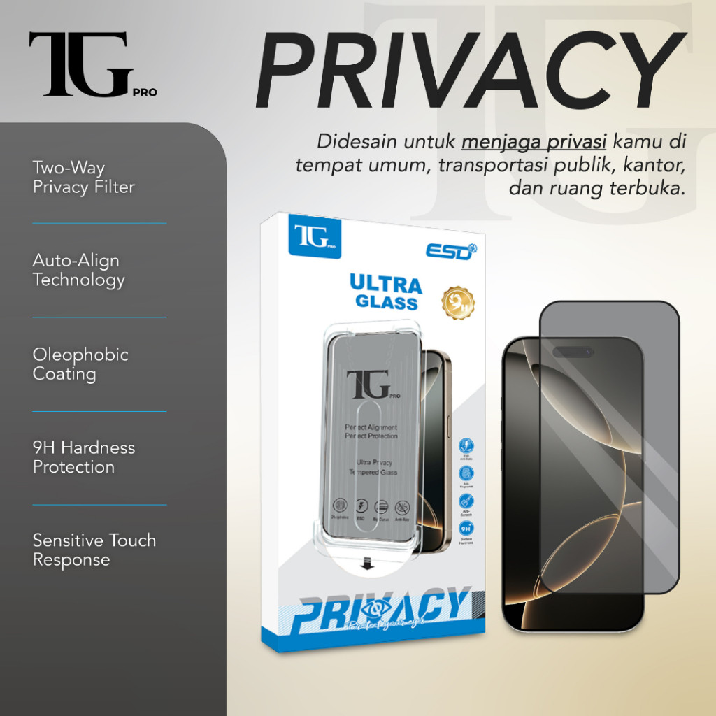 TGPRO กระจกนิรภัยความเป็นส่วนตัวสําหรับ iPhone (คลุมทั้งหมด + ป้องกัน Spy + ถาดจัดตําแหน่งอัตโนมัติ)