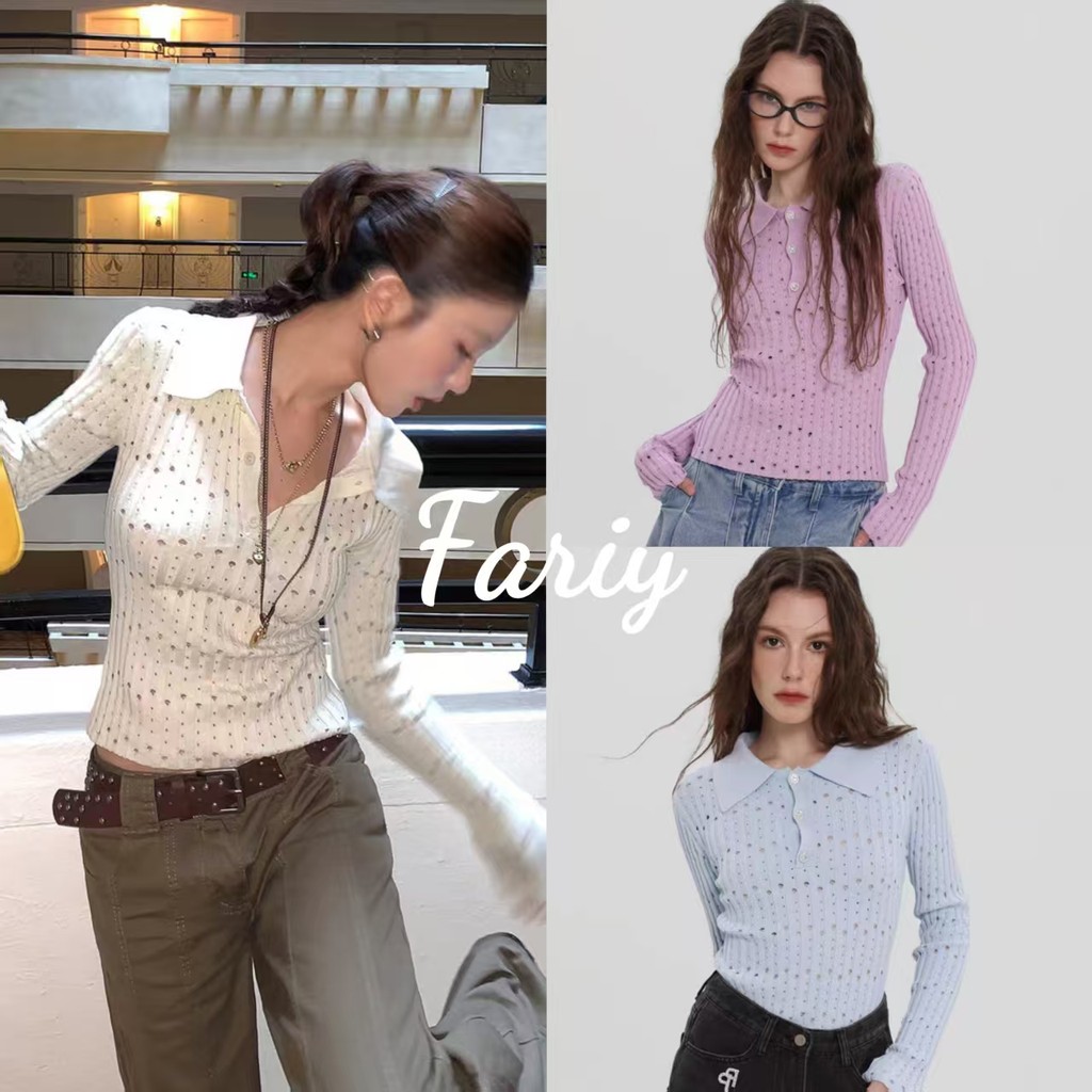 Fariy🍒คลังสินค้าพร้อม🍒 เสื้อสเวตเตอร์ถักแขนยาวคอวีแบบเซ็กซี่สำหรับผู้หญิงสไตล์ยุโรปและอเมริกา