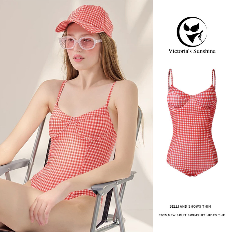 Victoria's ชุดว่ายน้ำวันพีช ผู้หญิง swimsuit ลายสก็อต  มีโครง มีฟองน้ำ#0997