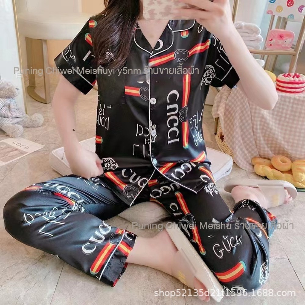 ผ้าไหมเทียมเสื้อสเวตเตอร์ถักชุดนอนสตรีแขนสั้นกางเกงผ้าไหมน้ําแข็งสวมใส่ชุดสั้นยาวเสื้อสเวตเตอร์ถัก 2