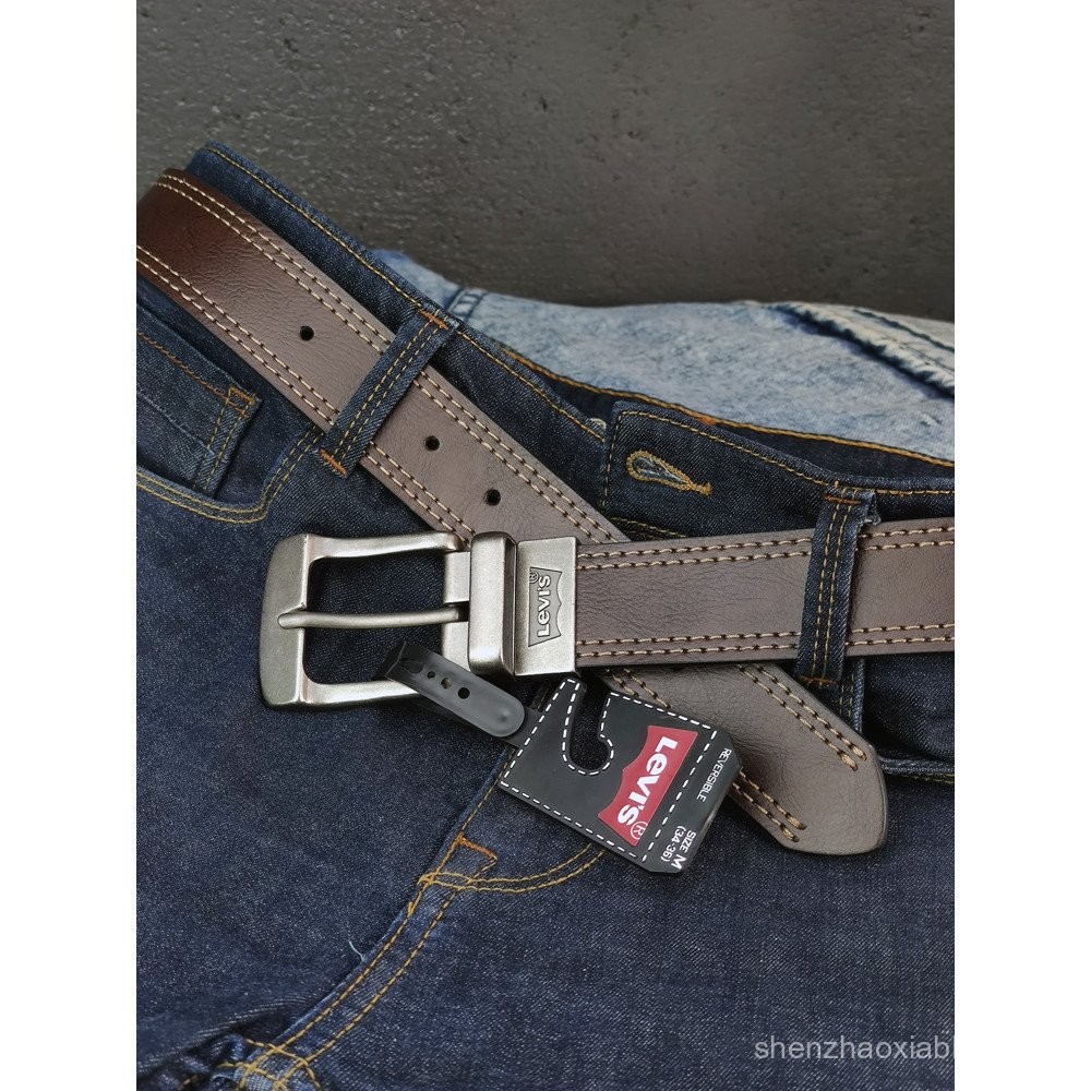 American ของแท้ Levis Mens Retro Casual Stitching Pin Buckle Belt เข็มขัดหนังแท้หมุนหัวเข็มขัด