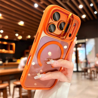 Cosmic สีส้มในตัวเลนส์ป้องกัน Flim โปร่งใสแม่เหล็กเคสโทรศัพท์สําหรับ iPhone 17 11 12 13 14 15 16 Pro Max Plus 17Air ซ่อนขาตั้งปลอกกันกระแทก PC ฝาหลัง