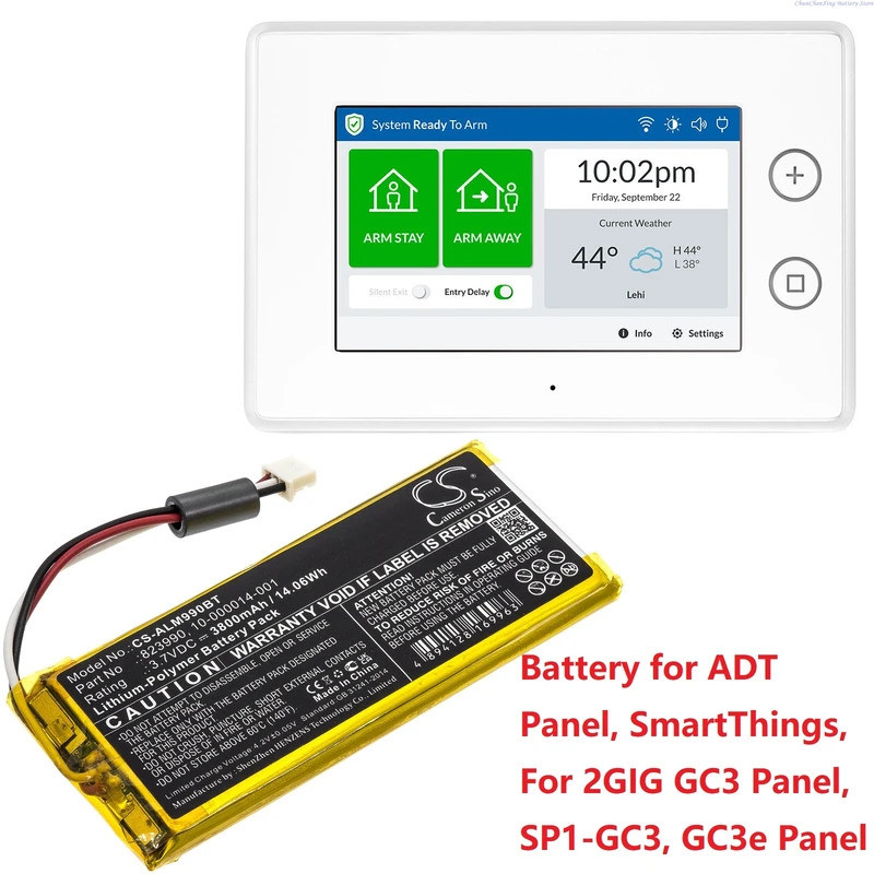 แบตเตอรี่ระบบเตือนภัย 3.7V 3800mAh 823990,10-000014-001 สําหรับแผง ADT SmartThings, สําหรับ 2GIG GC3