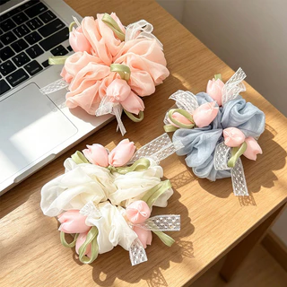 เกาหลีหวานโบว์ผูกผมสําหรับผู้หญิงอ่อนโยนต่ําบุญผมหางม้า Scrunchie เครื่องประดับผม