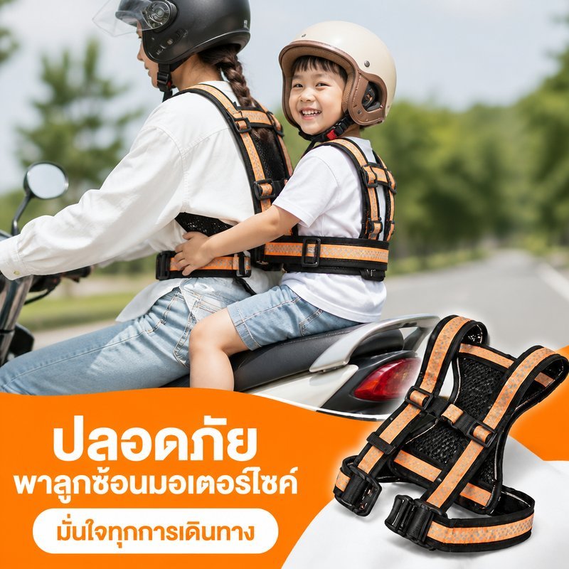 สายรัดนิรภัยเด็ก มอเตอร์ไซค์ จักรยาน กันเด็กร่วง ปรับได้ สะท้อนแสง ซ้อนท้าย เด็กเล็ก