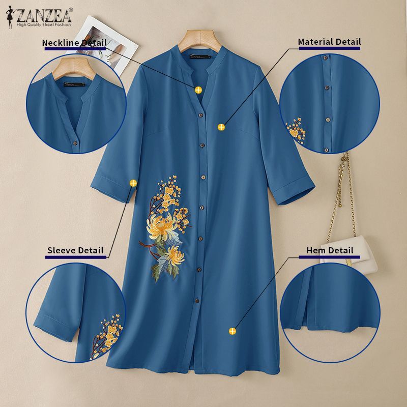ZANZEA ผู้หญิงเกาหลีวินเทจลําลองขาตั้ง V คอ 3/4 แขนเดี่ยวปักพิมพ์ A-Line Shirtdress — صورة 7