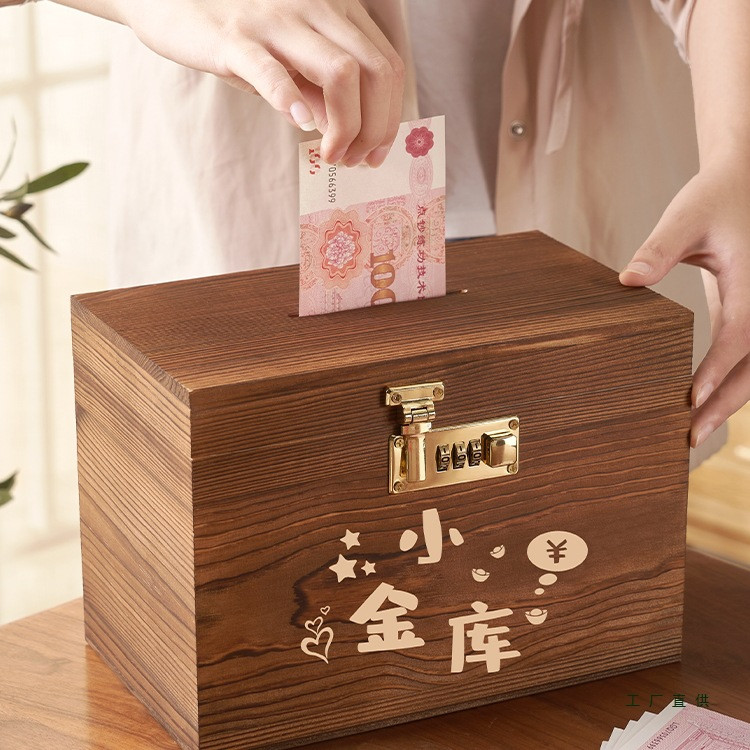 Bank Box Kids Lock Money Bank Piggy Retro Save Bank Coin Wood