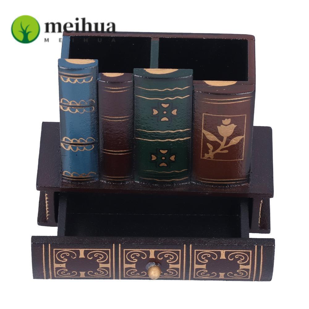 MEIHUA Retro Pencil Holder, MDF Dark Brown Desktop Stationery Organizer หนังสือ 5.91 X 5.31 X 2.56in