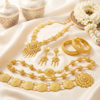 เครื่องประดับชุดไทย ครบเซต สีทอง สร้อยคอจี้อุบะพลอย สร้อยข้อมือ ต่างหู สายสังวาลย์ ปิ่นปักผมใบไม้ไหว รัดเกล้า
