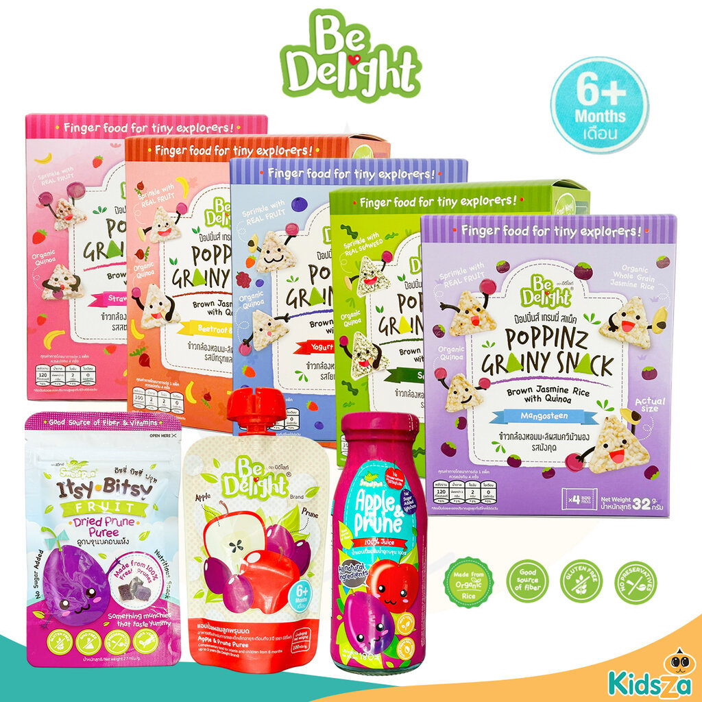 Be Delight ขนมเด็ก ข้าวกล้องหอมมะลิออแกนิคผสมควินัวพอง น้ำแอปเปิ้ลผสมลูกพรุน ลูกพรุนอบแห้ง สำหรับเด็ก