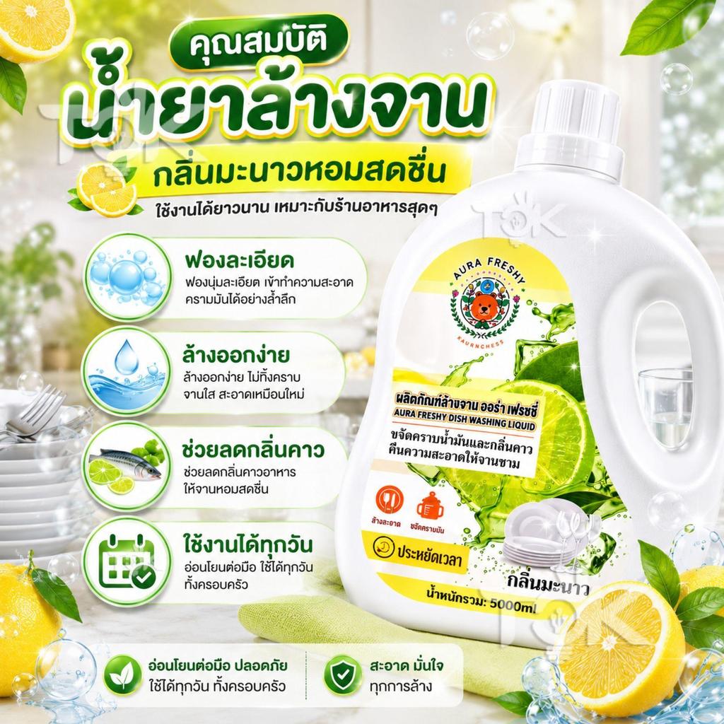 น้ำยาล้างจาน สูตรเข้มข้น 5 ลิตร กลิ่นมะนาว ฟองเยอะ ล้างคราบมันสะอาด ลดกลิ่นคาว ประหยัดใช้ได้นาน
