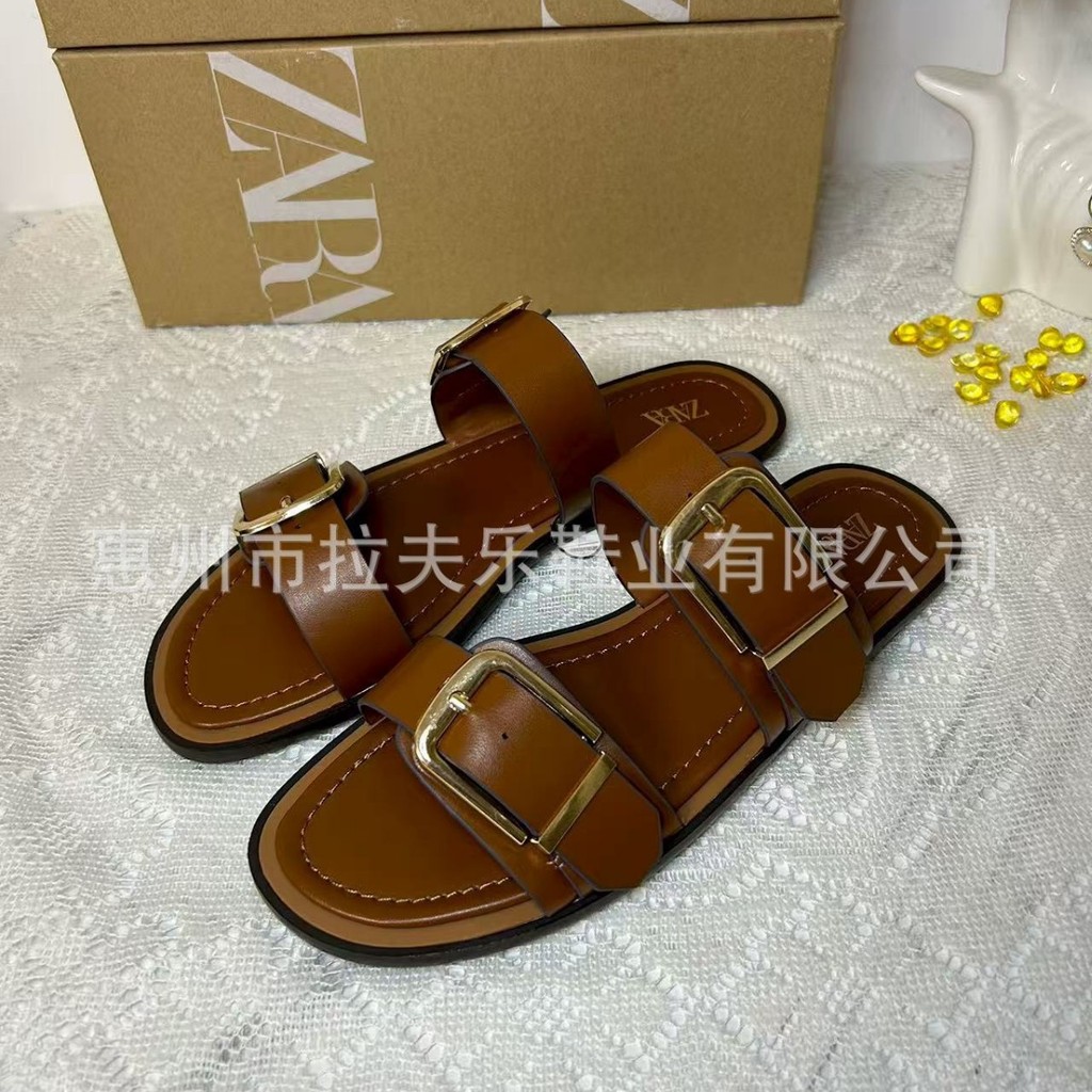ZARA Flat-Soled Flip-Flops ผู้หญิงฤดูร้อนสไตล์ใหม่ One-Pedal Lazy All-Match สวมใส่ด้านนอกเข็มขัดหัวเข็มขัด