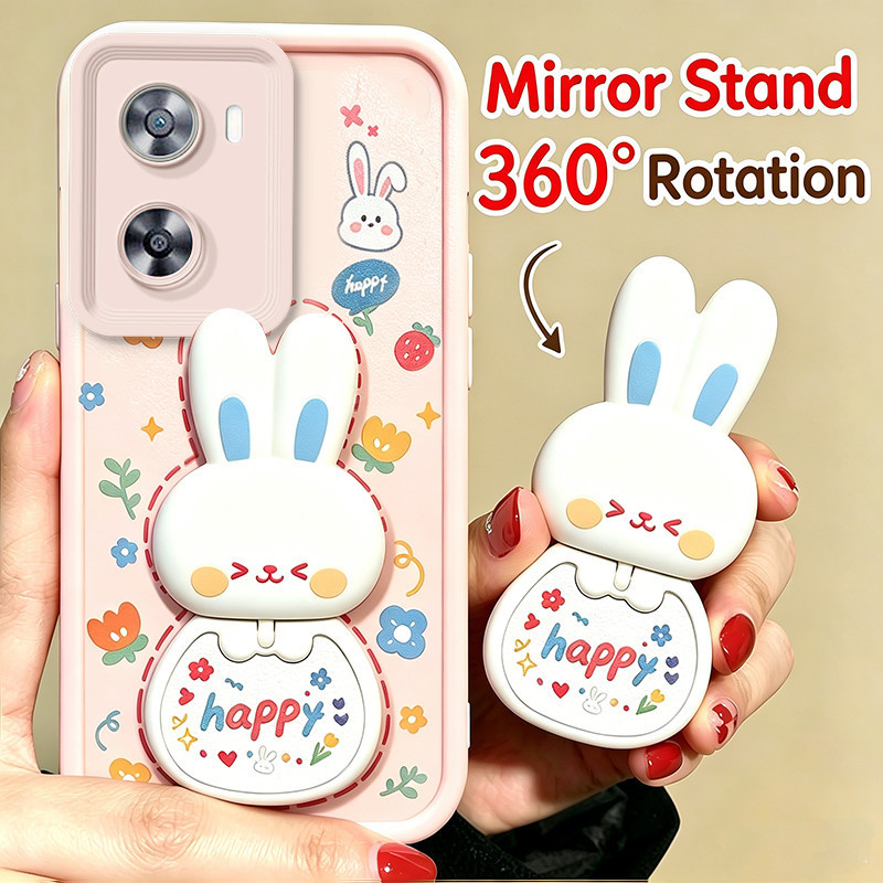 เคสสําหรับOPPO A57 2022 4G A56S a77s A57S A57E 4G A77 5Gเคสโทรศัพท์Softcaseซิลิโคนกันกระแทกกระจกความงามพร้อมผู้ถือ 360° กระต่ายน่ารักหมุนได้สําหรับเด็กผู้หญิง JTXCEZJ1