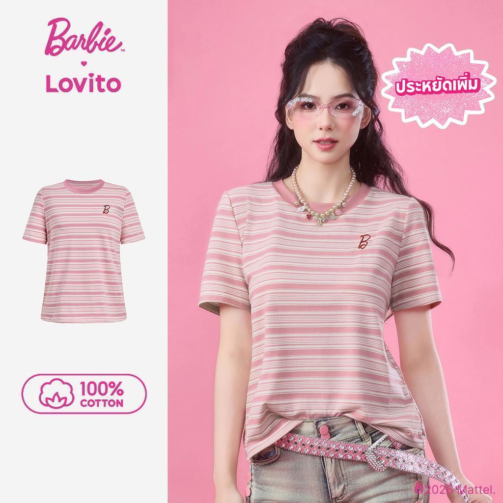 Barbie™ X Lovito Casual เสื้อยืดลำลองแขนสั้นน่ารัก ผ้าฝ้าย 100% สีชมพูตัดกัน สำหรับฤดูใบไม้ผลิ/ฤดูร้อน สำหรับผู้หญิง LB1AD015