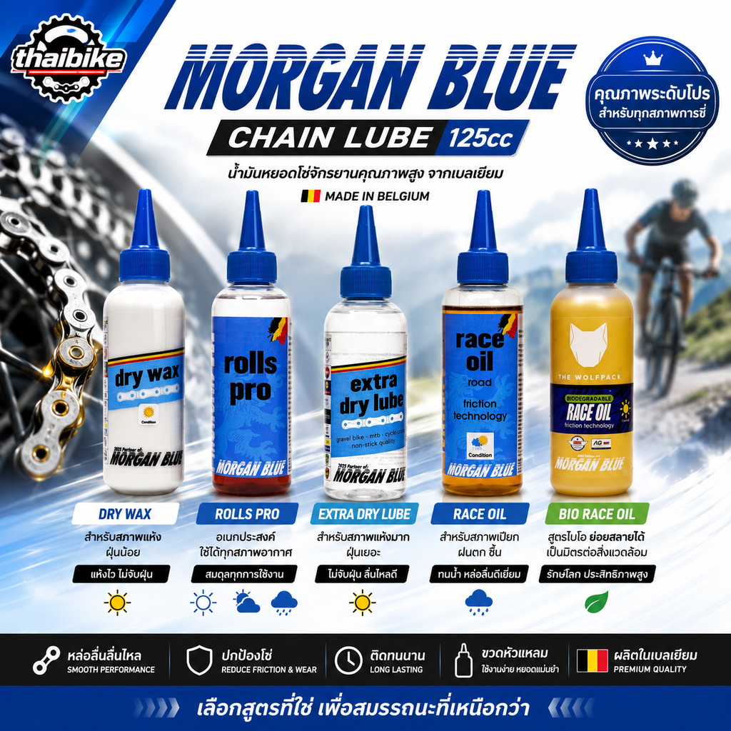 น้ำมันหยอดโซ่จักรยาน Morgan Blue Chain Lube 125cc (มี 5 สูตร: Dry Wax / Rolls Pro / Extra Dry Lube / Race Oil / Bio R...