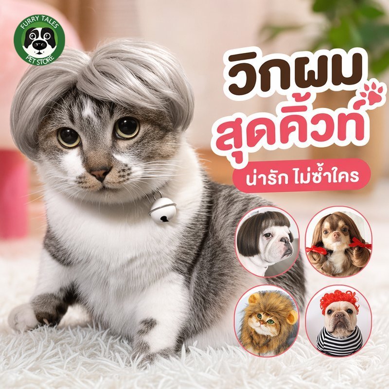 วิกผมสัตว์เลี้ยง วิกผมแมว วิกผมสุนัข หมวกวิกผมปลอม สำหรับหมาแมว ถ่ายรูป คอสเพลย์ ปรับสายได้