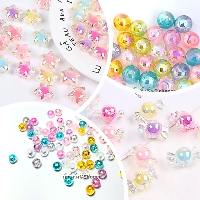 ลูกปัดสีพลาสเทลใส (หลายแบบ) ลูกปัดดาว ลูกปัดลูกอม ลูกปัดหัวใจ ลูกปัดดอกไม้ ลูกปัด