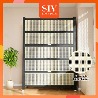 Siv Vintage Rattan Storage Cabinet, Thick Carbon Steel Flip Door Organizer, Breathable Dustproof Pan