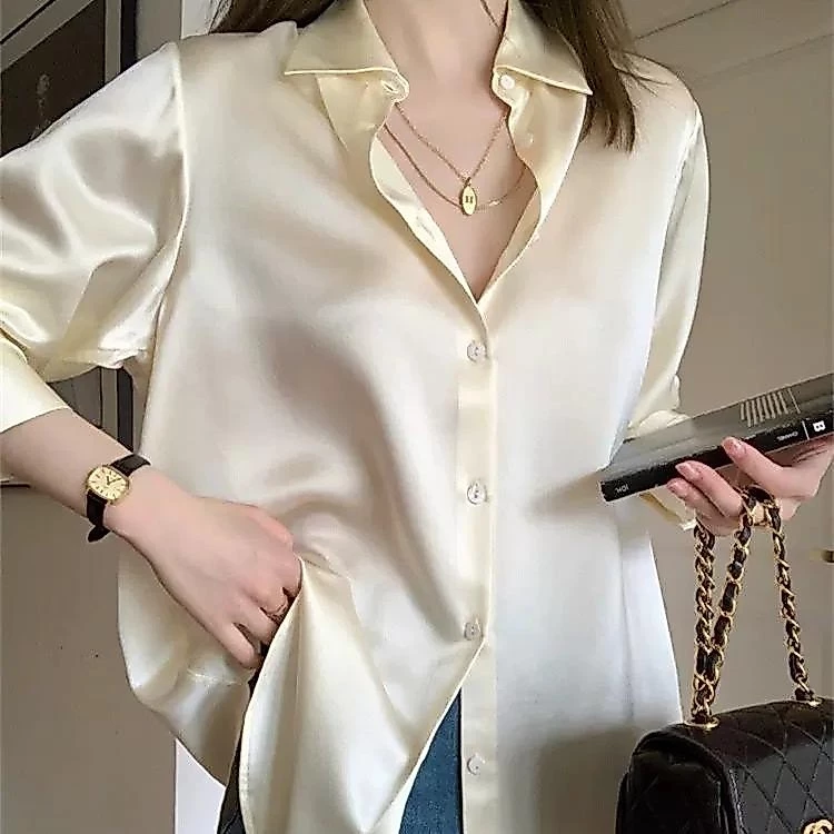 KOKO#เสื้อเบลาส์ แขนยาว ผ้าซาติน สไตล์เกาหลี สําหรับผู้หญิง#W443