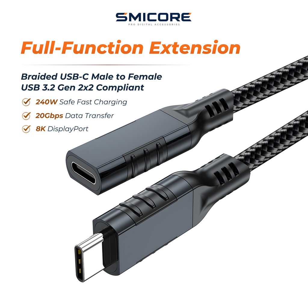 USB-C 3.2 Type-C Extension Cable Male to Female 20Gbps รองรับ PD 240W High-Speed Data รองรับการต่อจอ 8K