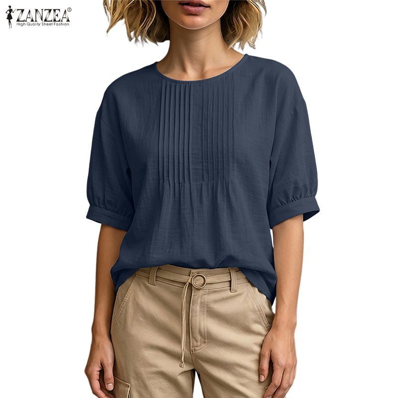 ZANZEA ผู้หญิงวินเทจ Minimalist Casual คอกลม 3/4 แขนโคมไฟ Pleats หลวมสีทึบเสื้อ — صورة 6