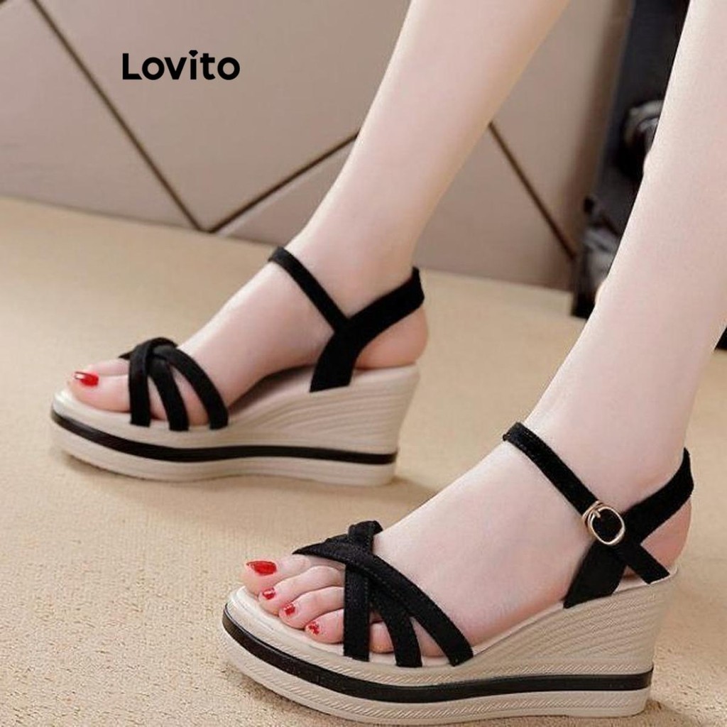 (แคชชวล) Lovito รองเท้าส้นเตารีด ไขว้อเนกประสงค์พื้นหนาเพิ่มความสูงรองเท้าส้นเตารีดฤดูร้อนสําหรับผู้หญิง LFA65254
