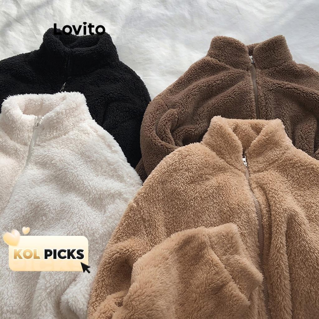 (KOL‘s pick) Lovito แคชชวล เสื้อโค้ทผู้หญิง ทรงเบสิก ซิปรูด สีพื้น สไตล์ LNE29211 (สีแอปริคอท/สีน้ำตาล/สีกากีอ่อน/สีดำ)