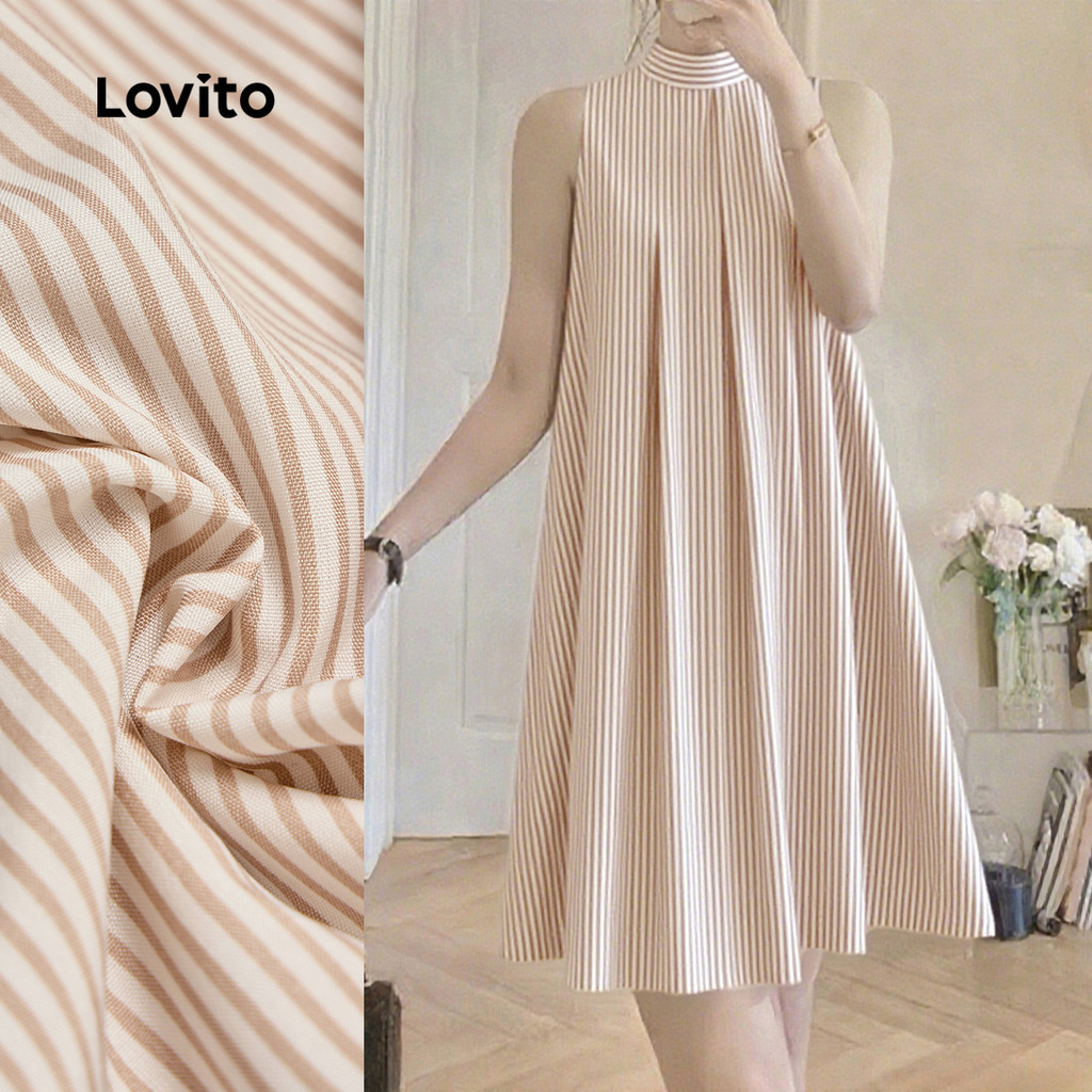 Lovito ชุดเดรสพลีทแคชชวลสำหรับฤดูใบไม้ผลิ/ฤดูร้อนสีคากีอ่อนสำหรับผู้หญิง L150ED615