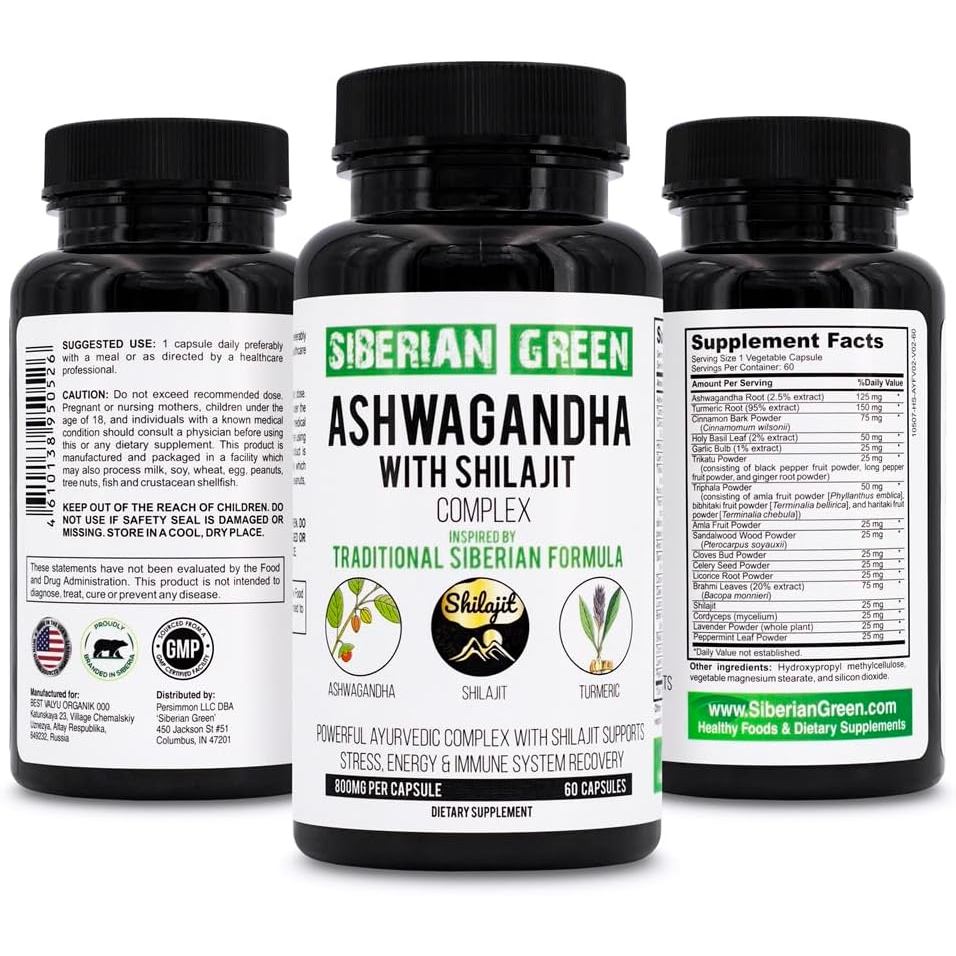 Siberian Green Ashwagandha with Altai Shilajit & Turmeric Ayurvedic Complex 60 Capsules – Traditiona
