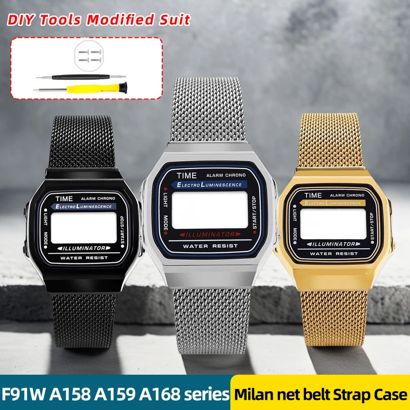 A168 สแตนเลสสตีลโลหะชุดสําหรับ Casio F91W A158 A159 A168 Series Bezel Milan สุทธิเข็มขัด + DIY เครื่