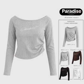 Paradise | เสื้อปาดไหล่แขนยาว ผ้าฉลุลาย ปักโลโก้ด้านหน้า ทรงเข้ารูปสวย ใส่สบาย ยืดหยุ่น ระบายอากาศดี เสื้อแฟชั่นผู้หญิง