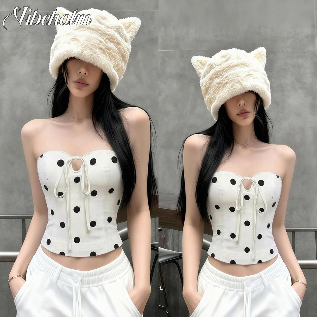 เสื้อเกาะอกสไตล์อเมริกันย้อนยุคลายลายจุดดีไซน์กลวงและเชือกรูดดีไซน์ใหม่ช่วยให้คุณดูดูผอมเพรียวเพิ่มเติม