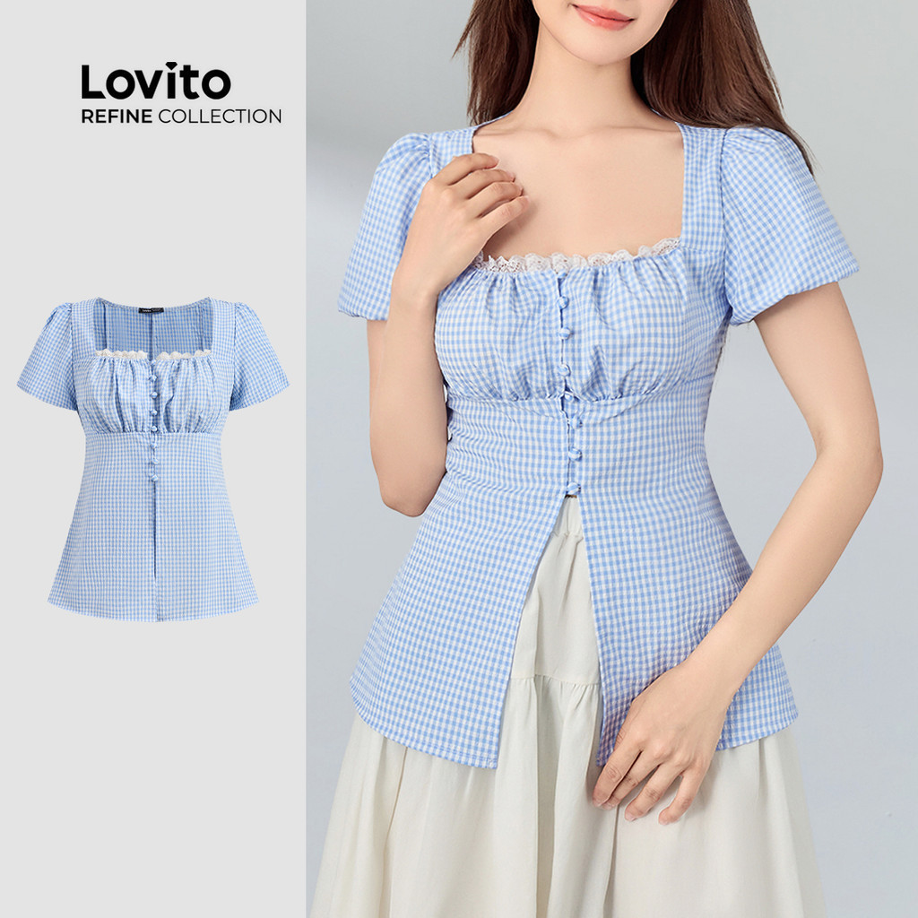 (Lovito Refine) เสื้อเชิ้ตลำลองผู้หญิง ลายสก็อต จีบผูกด้านหน้า เสื้อฤดูร้อน/ฤดูใบไม้ผลิ LR7AD024