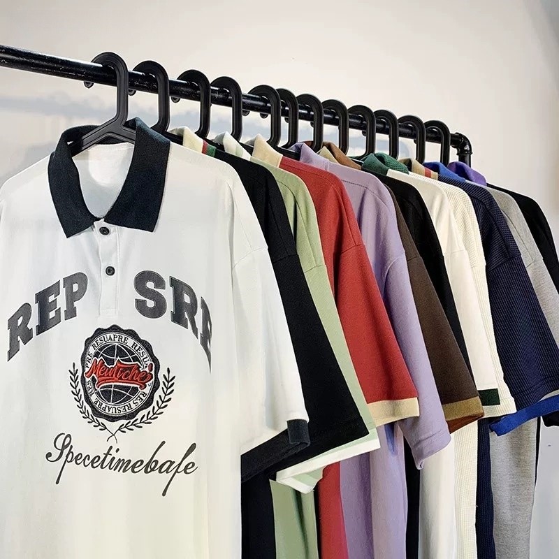 ProMan-เสื้อโปโลวินเทจอเมริกัน  เสื้อผ้าของคู่รัก  พิมพ์จดหมาย  กระแสน้ำ  แฟชั่น