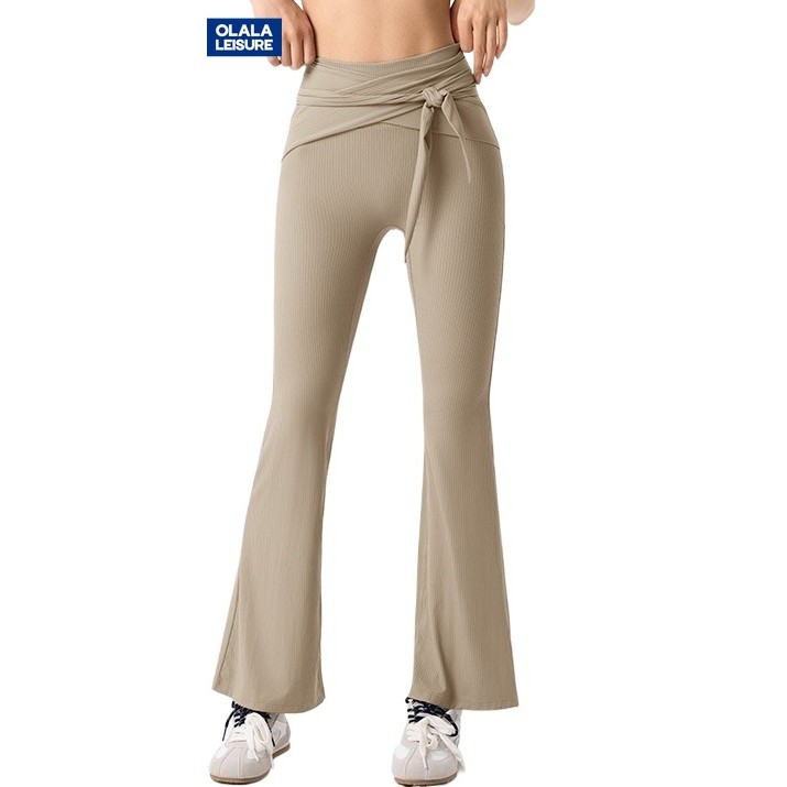 Olala Leisure Yoga Sports Pants Flared Pants High Waist Lace-up Hip-lifting Ribbed