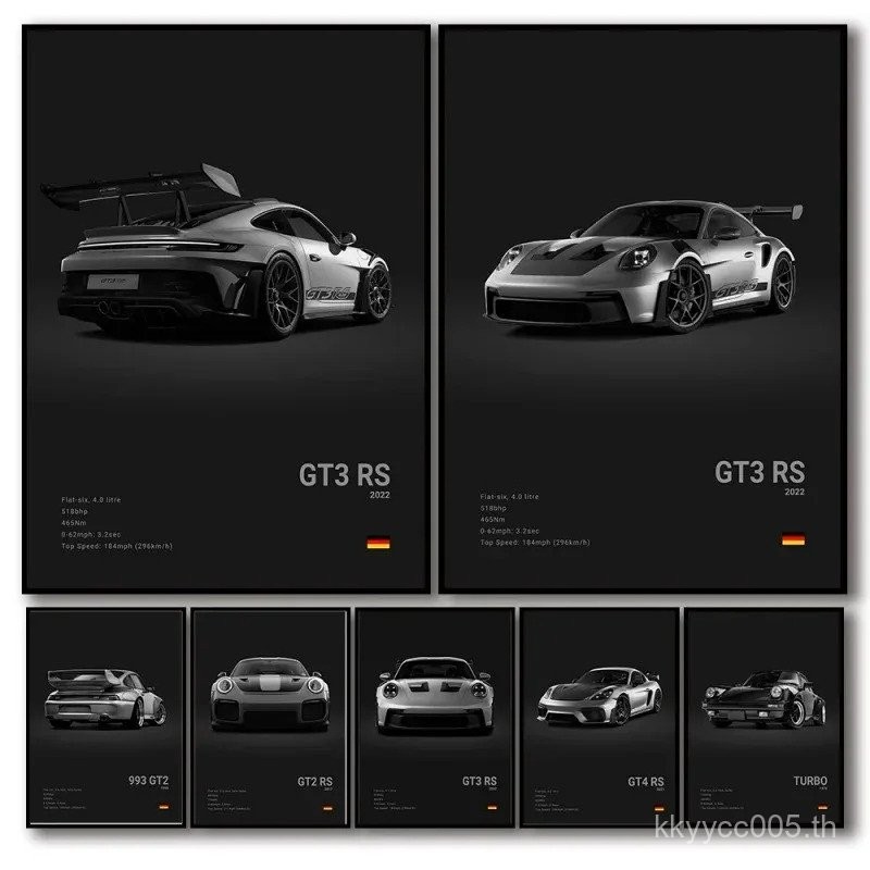 Poster ยนตรกรรมหรู Porsche 911 GT3 RS Turbo สีดำและขาว พิมพ์บนผ้าใบ สำหรับประดับโรงรถหรือห้องนั่งเล่น HY2R