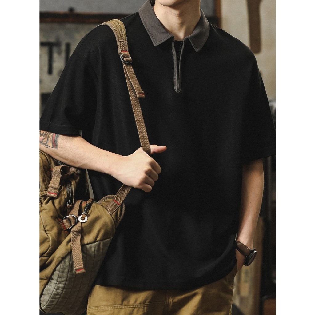 Becoolman-สไตล์ญี่ปุ่น แนววินเทจ POLOเสื้อ ชาย ฤดูร้อน แบบหลวม ซิป ปกพับ กีฬา ยอดนิยม เสื้อยืด - รูปที่ 4