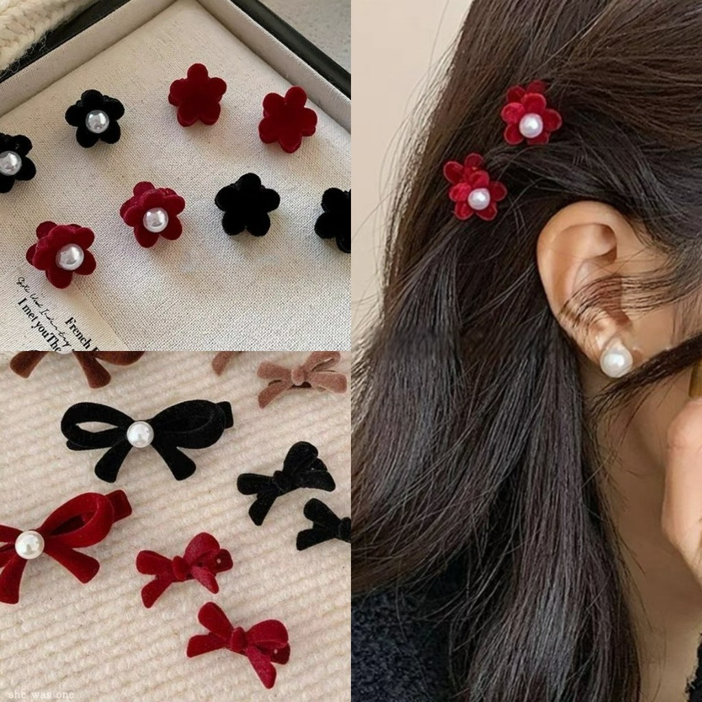 Trendie-กิ๊ฟตัวเล็ก โบว์ดอกไม้ สีดำแดง สไตล์เกาหลี เรียบหรูดูแพง พร้อมส่ง