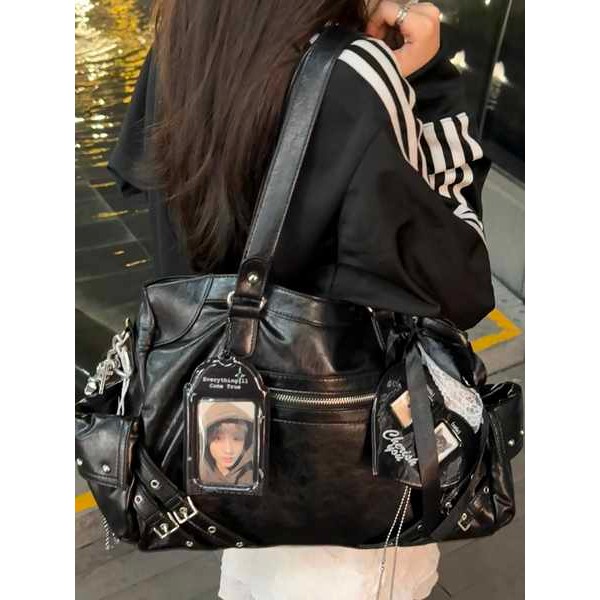 kappa bkk กระเป๋าปัก กระเป๋ามอเตอร์ไซค์เฉพาะเกาหลีสีดำย้อนยุคหวานเย็น y2k กระเป๋าสะพายข้างสไตล์สาวร้