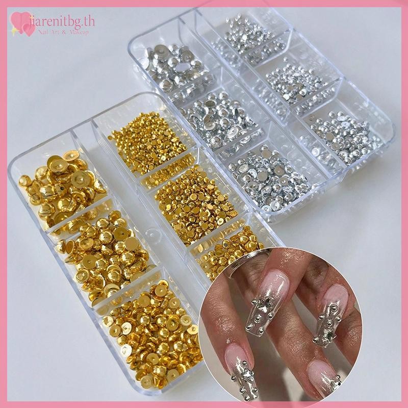 RENBG 6 กริด 3d ทองเงินครึ่งรอบ Ball Charm เล็บ Studs โลหะ Rivets ตกแต่งเล็บสําหรับเล็บ TH