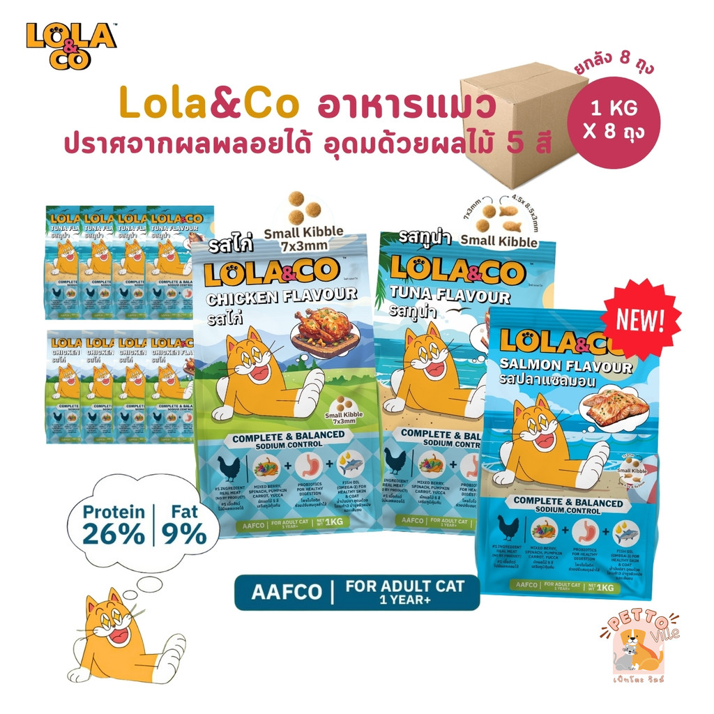 [ยกลัง 8 ถุง] Lola&Co อาหารเม็ดแมว สำหรับแมวโต ปราศจากผลพลอยได้ อุดมด้วยผลไม้ 5 สี ดีต่อสุขภาพ ขนาด 1 kg