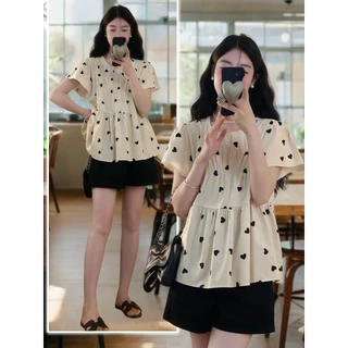 Veewink พร้อมส่งจากกทม เสื้อเชิ้ตแขนสั้นลายหัวใจ สไตล์ฝรั่งเศส ทรงปุกปุย จีบ ใส่กระชับตัว แฟชั่นเฉพาะ
