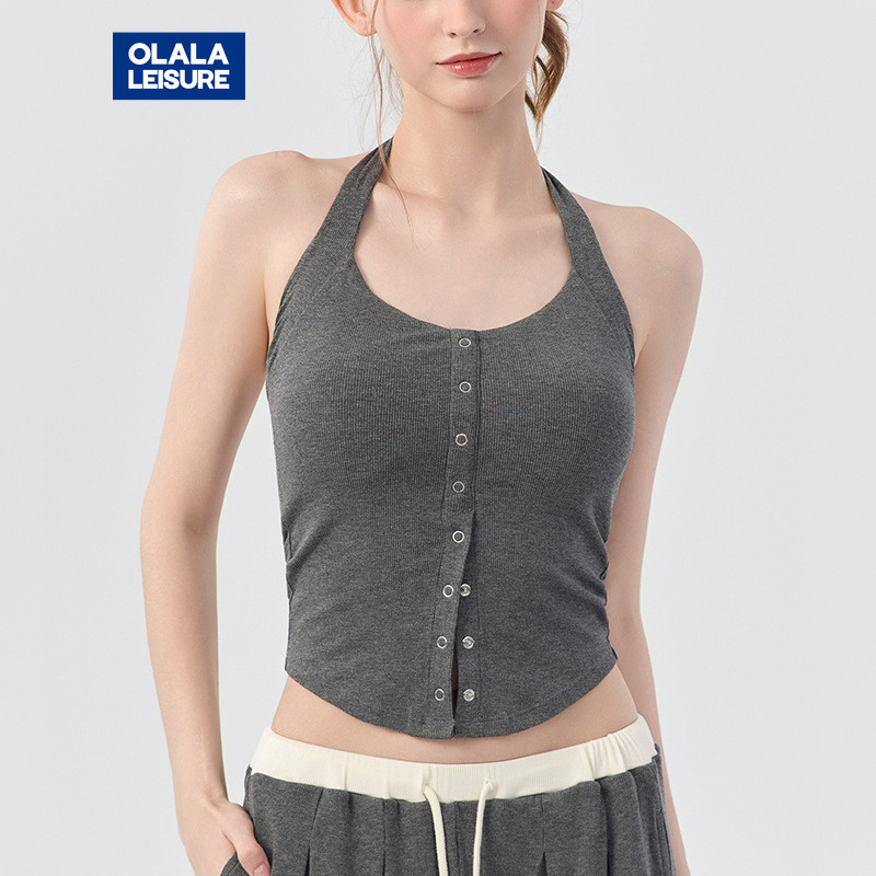 Olala Leisure Yoga Sports Bra Fixed Pads Halter Neck Front Buttons Ribbed